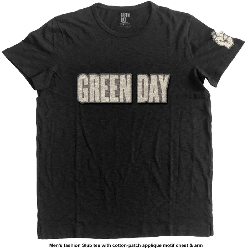 Green Day Unisex Fashion T-Shirt: Logo & Grenade (Applique Motifs) Elegant Classic Vintage