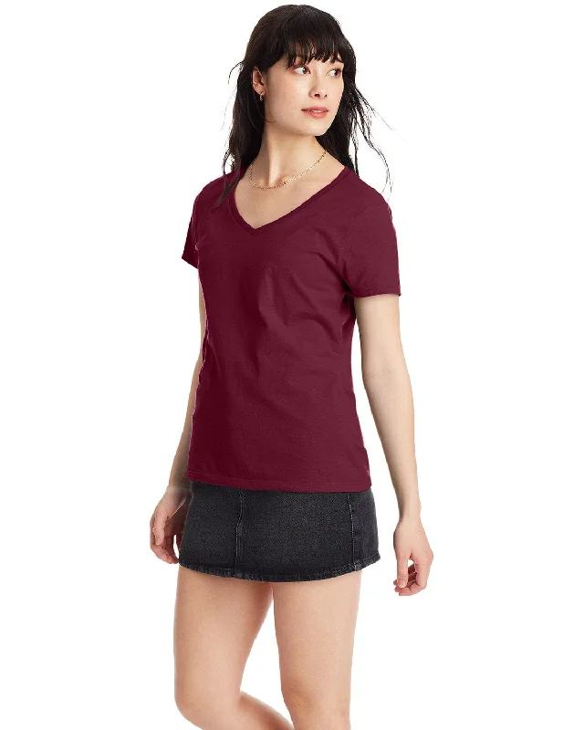 Hanes Ladies Ringspun Cotton Nano V-Neck T-Shirt | Maroon Print Jacquard Patchwork