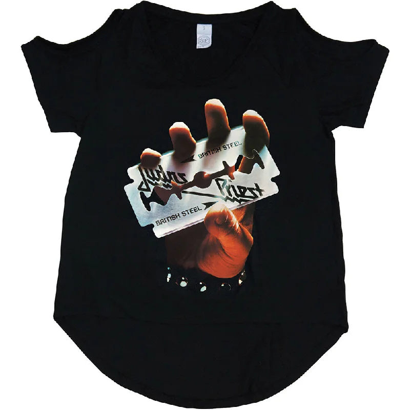 Judas Priest Ladies Fashion T-Shirt: British Steel with Cut-outs Mesh Blend Leather Blend Suede Blend