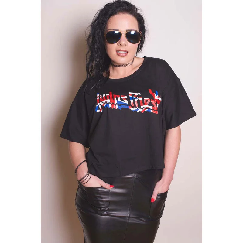 Judas Priest Ladies Fashion T-Shirt: Union with Boxy Styling and Glitter Print Application Ribbed Striped Patterned