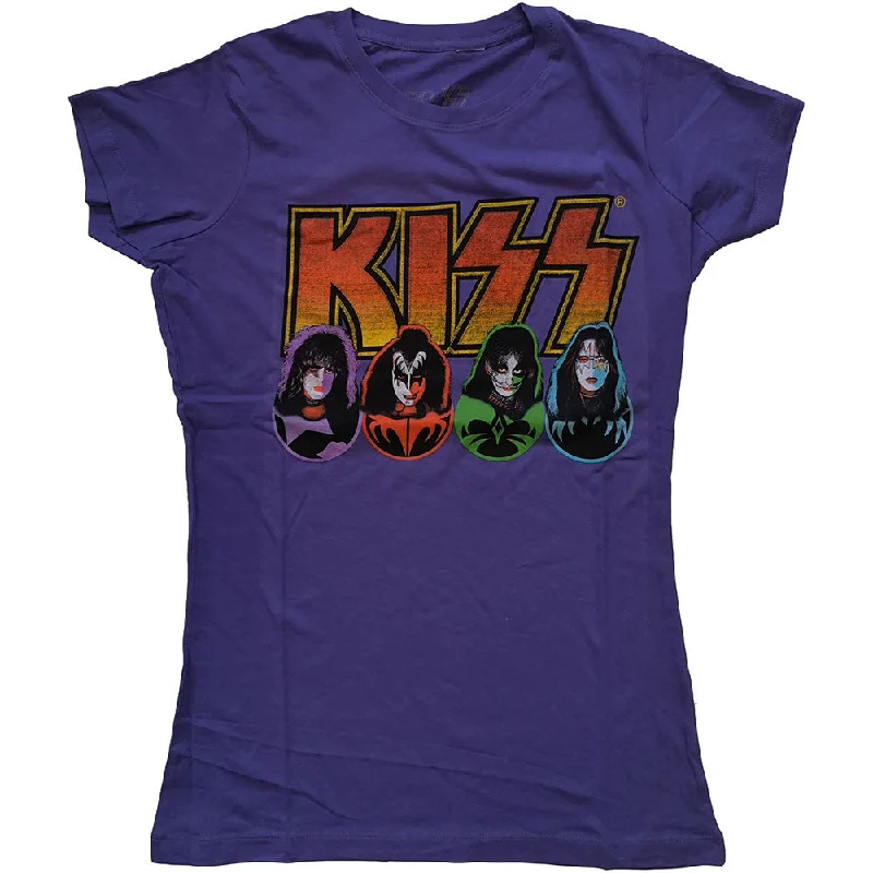 KISS Ladies T-Shirt: Logo, Faces & Icons Ribbed T-Shirt High Neck Heavyweight