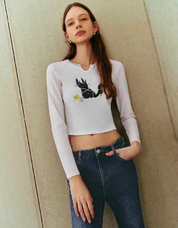 Kitty Printed Raglan Sleeve Skinny T-Shirt Rayon Velvet Corduroy