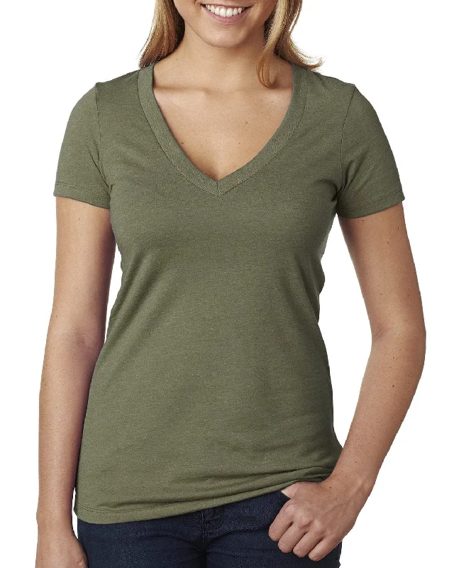 Next Level Ladies CVC Deep V-Neck Tee | Military Green Front Pockets Side Pockets Patch Pockets