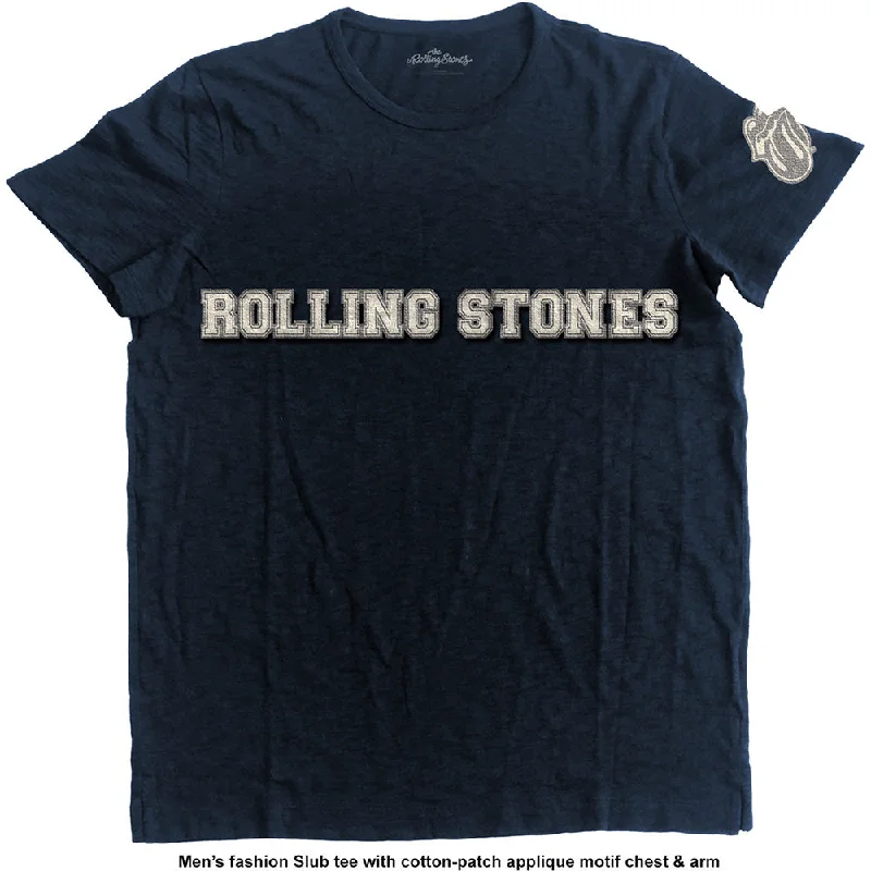 The Rolling Stones Unisex Fashion T-Shirt: Logo & Tongue (Applique Motifs) Collared Crew Neck Turtle Neck