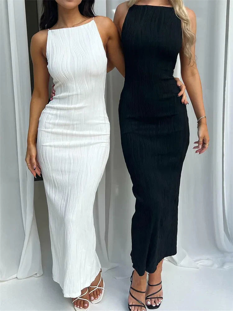 2024 Women Long Ruched Sleeveless Slim Solid Summer Party Back Split Clubwear Female Maxi Dress Trendy Off-Shoulder Ruffle Maxi Dress