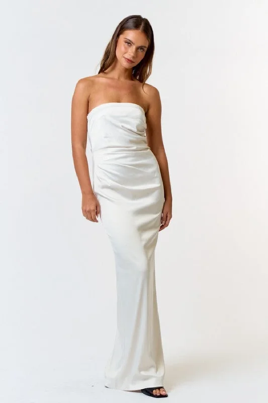 About Time Satin Pleated Tube White Maxi Dress Comfortable Pleated Maxi Dress