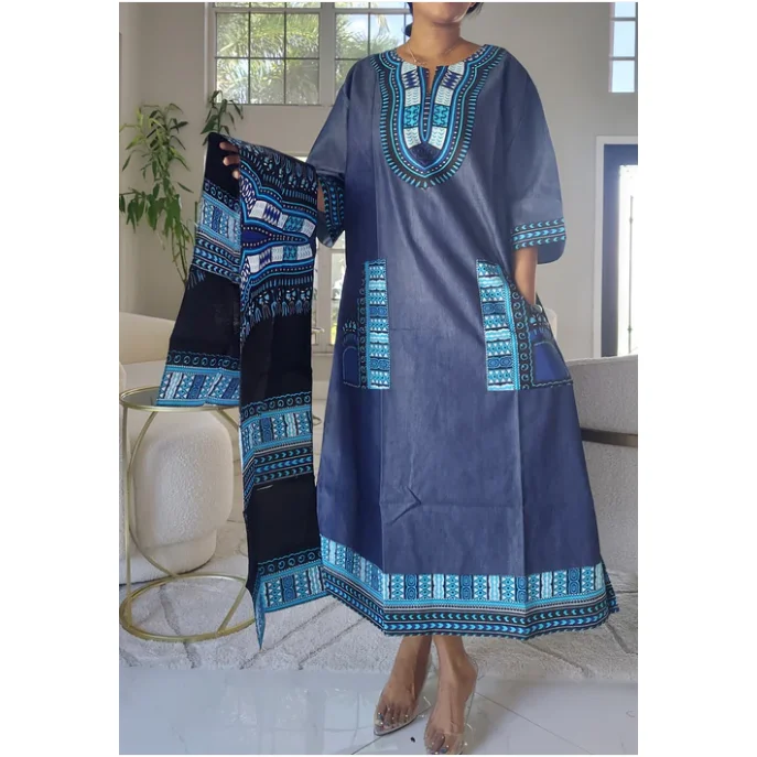 African Print Dashiki Denim Print Long Maxi Dress with headwrap head scarf - Plus Size Trendy V-Neck Maxi Dress