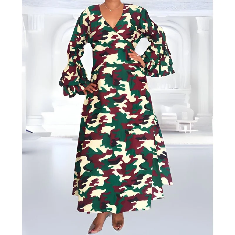 African Print Long Wrap Maxi Dress Ankle Length / Bell Sleeve Cozy Maxi Dress with Slit