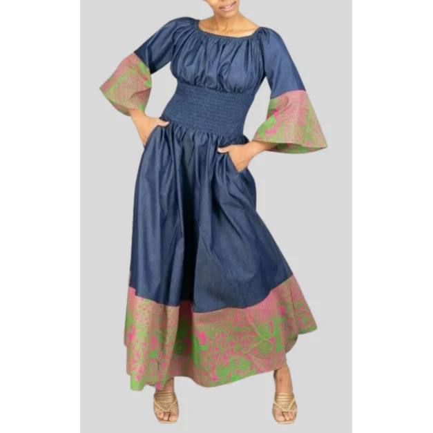 African Print Smock Waist Maxi Dress Ankle Length Bell Sleeve Denim Elegant Tiered Maxi Dress