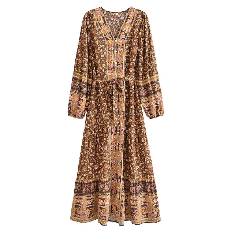 Alasia Boho Maxi Dress - Brown Comfortable Fitted Maxi Dress