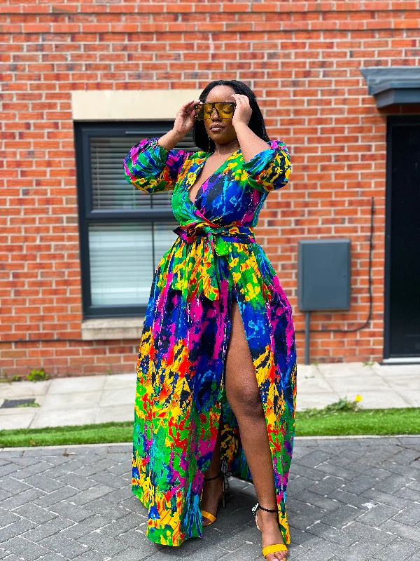 Belva Ankara Maxi Dress | Green and Yellow Multicoloured African Print Fashionable Asymmetrical Maxi Dress