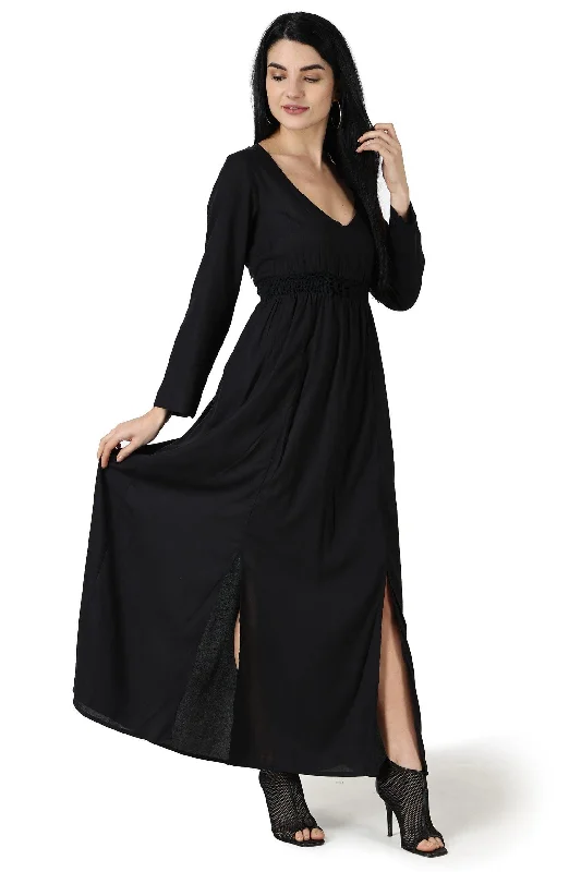 Black Solid Maxi Dress with Front Slits Trendy Ruffled Maxi Dress