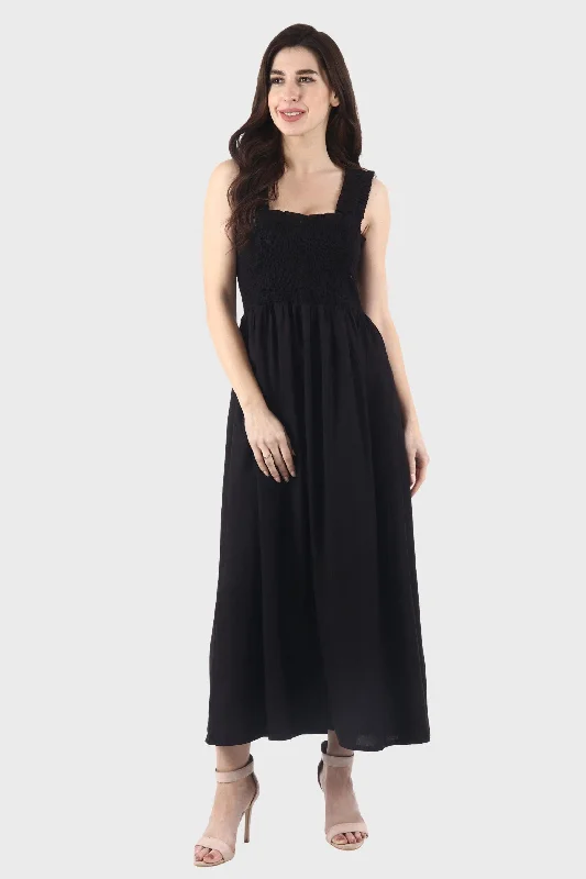 Black Solid Smocking Maxi Dress Comfortable Ruffle Hem Maxi Dress