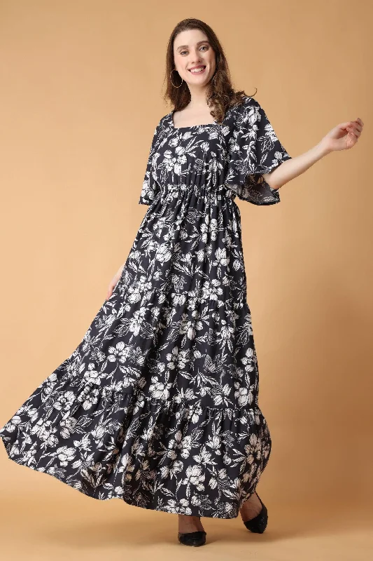 Blue & White Floral Printed Maxi Dress Comfortable Casual Maxi Dress