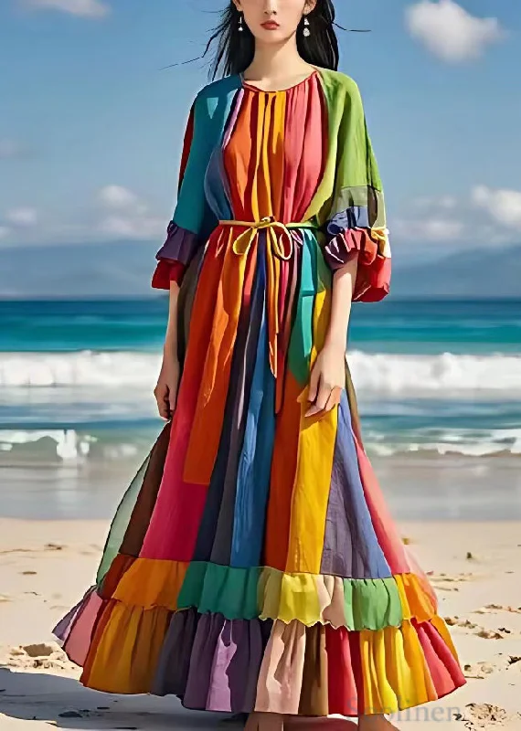 Bohemian Rainbow Tie Waist Wrinkled Cotton Maxi Dresses Half Sleeve Trendy A-Line Maxi Dress