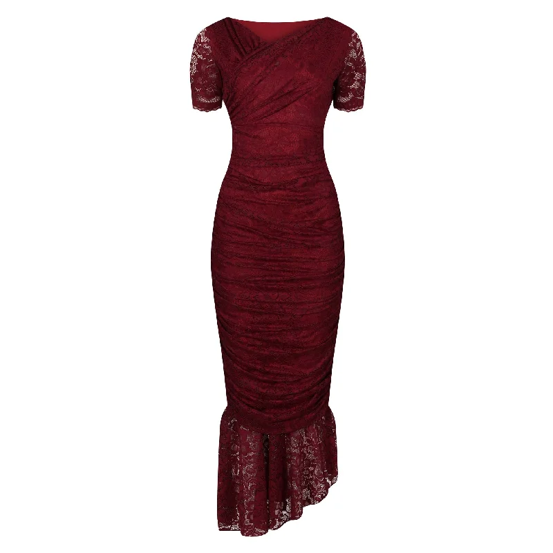 Burgundy Red Ruched Lace Maxi Dress Comfortable Casual Maxi Dress