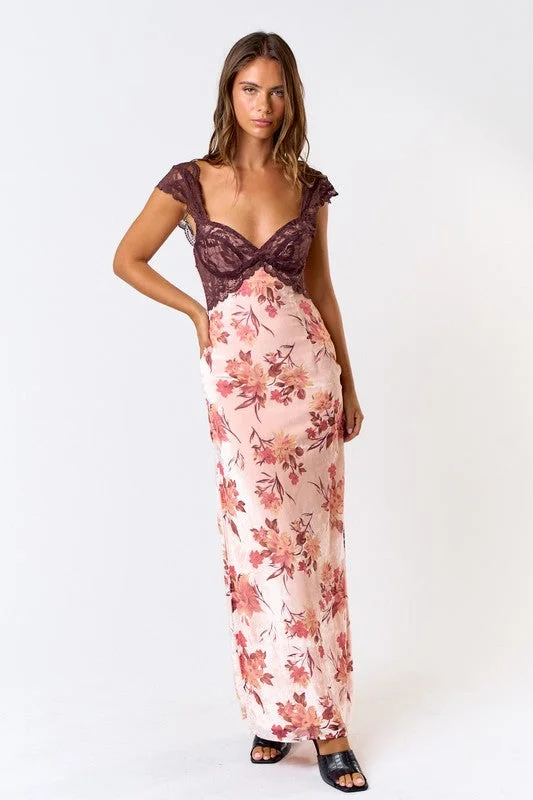 PREORDER - Burnout Velvet Lace Floral Maxi Dress Comfortable Flowy Maxi Dress