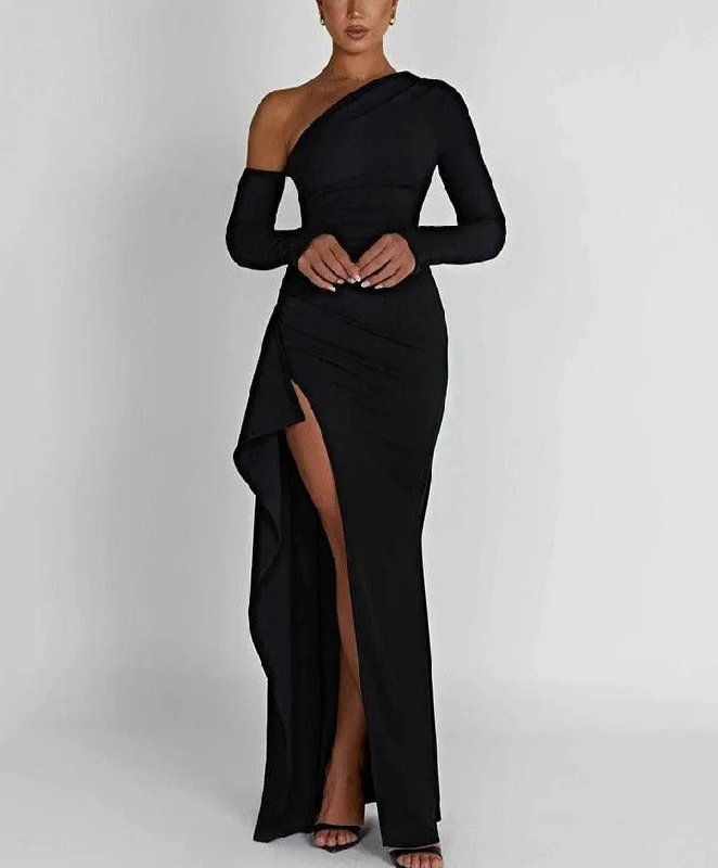 Camelia Oblique Shoulder Maxi Dress Stylish V-Neck Maxi Dress