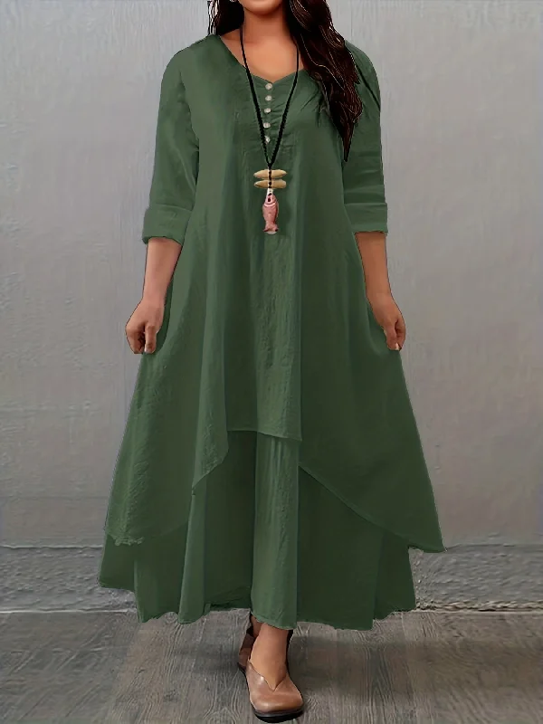 Chic Plus Size Maxi Dress - Casual V-Neck Tunic with Button Details, Long Sleeves, Asymmetry, and Easy-Care Stretch Fabric Elegant Maxi Dress with Ruffles Chic Plus Size Maxi Dress - Casual V-Neck Tunic with Button Details, Long Sleeves, Asymmetry, and Easy-Care Stretch Fabric Elegant Maxi Dress with Ruffles