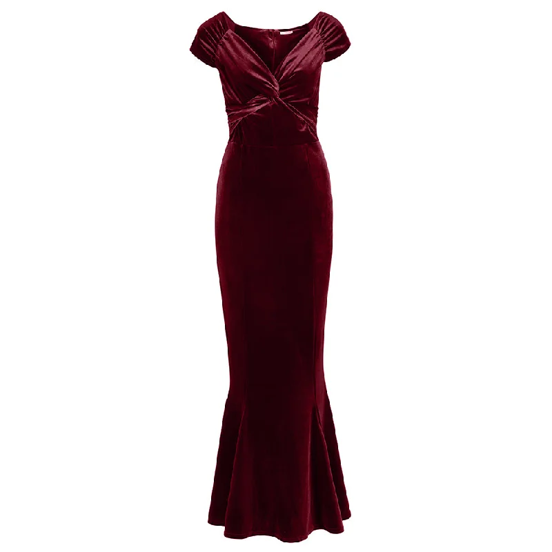 Claret Red Cap Sleeve Twist Bust Fishtail Hem Velour Maxi Dress Classic Tulle Maxi Dress