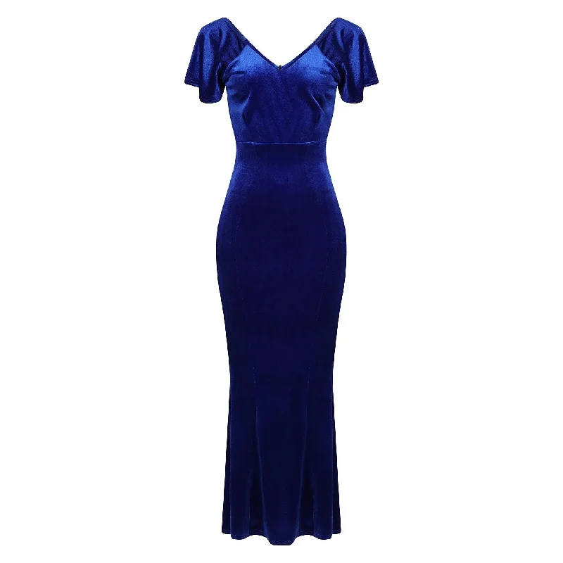 Cobalt Blue V Neck Velour Maxi Dress w/ Fishtail Hem & Waterfall Sleeves Trendy Maxi Dress with Straps