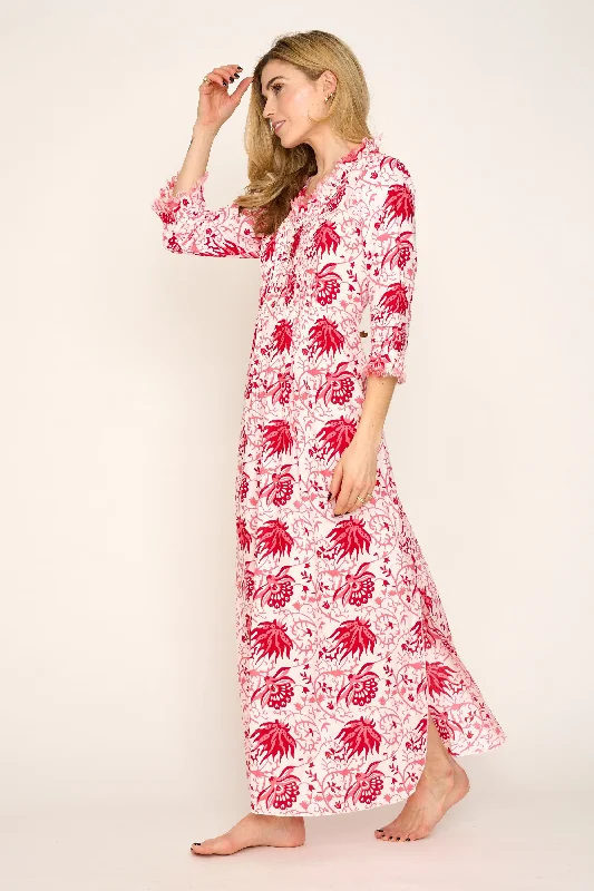 Cotton Annabel Maxi Dress in Botanical Red & Pink Flower Trendy Satin Maxi Dress