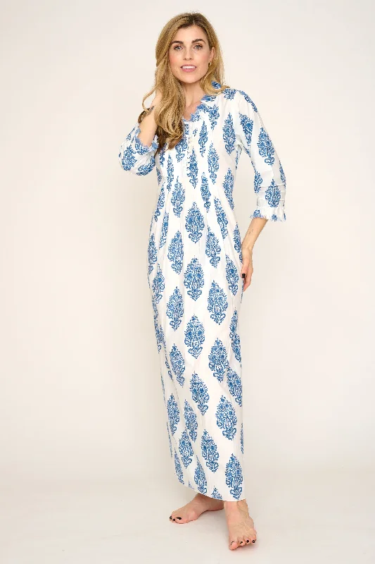 Cotton Annabel Maxi Dress in Fresh Blue & White Elegant Maxi Dress with Drapes