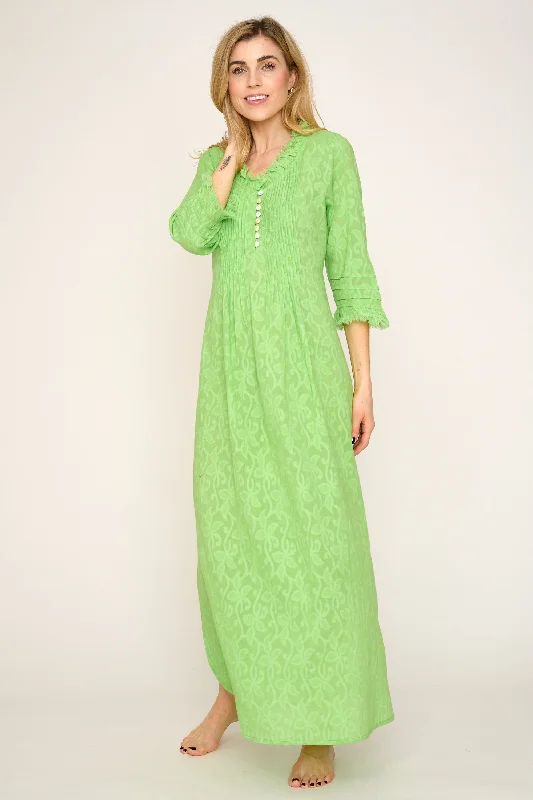 Cotton Annabel Maxi Dress in Hand Woven Lime Green Cozy Open-Back Maxi Dress