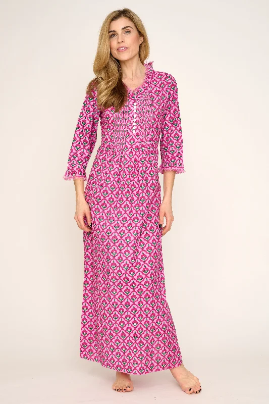 Cotton Annabel Maxi Dress in Pink & Green Moroccan Trendy Ruffled Maxi Dress