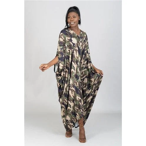 Camo Print Maxi Dress Trendy Button Front Maxi Dress