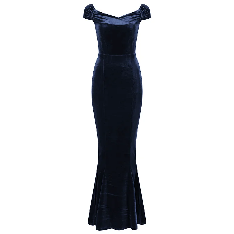 Navy Blue Cap Sleeve Crossover Bust Fishtail Hem Velour Maxi Dress Trendy Short Sleeve Maxi Dress