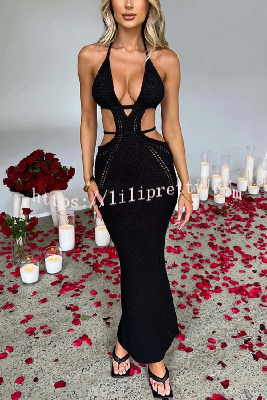 Effortlessly Cool and Sexy Knit Crochet Cutout Halter Tie-up Stretch Maxi Dress Comfortable Satin Maxi Dress