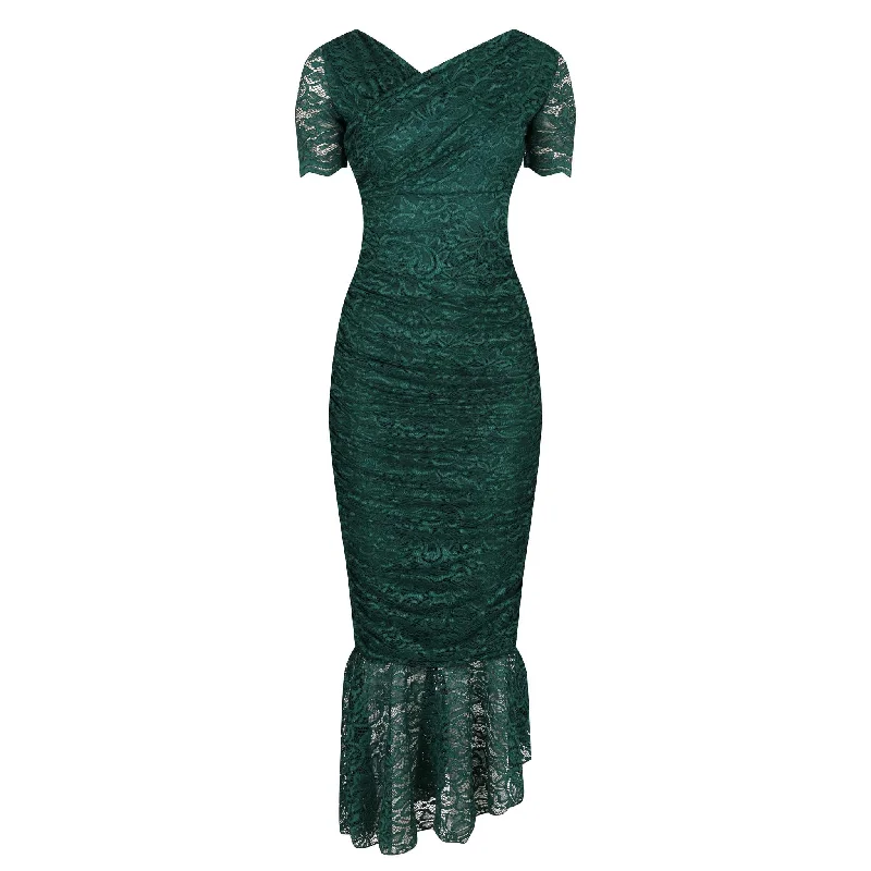 Emerald Green Ruched Lace Maxi Dress Stylish Empire Waist Maxi Dress