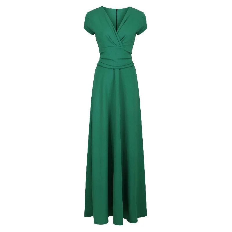 Emerald Green V Neck Cap Sleeve Maxi Dress Fashionable High-Low Maxi Dress