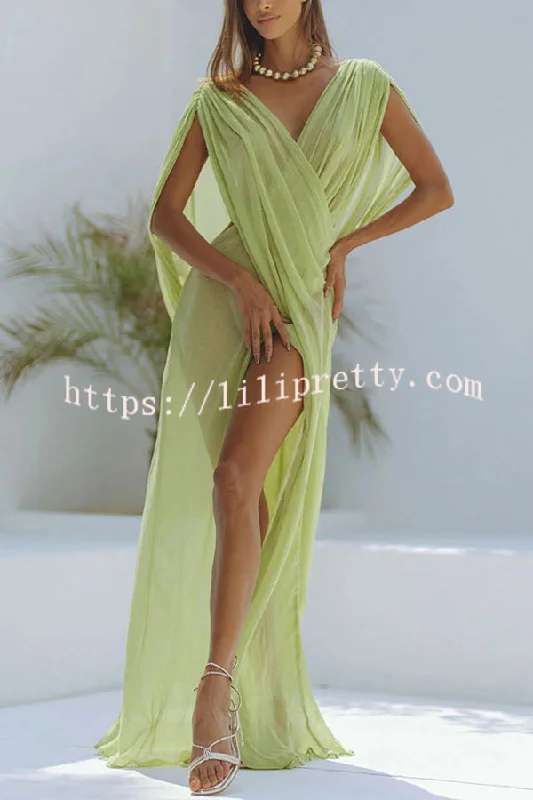 Lilipretty® Enjoy Your Vacation Linen Blend Ruched Shoulder Drape Loose Cover Up Maxi Dress Fashionable Printed Maxi Dress