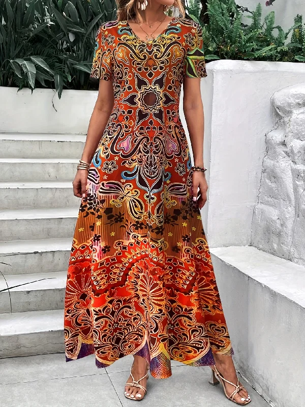 Ethnic Floral Print Dress, Boho V Neck Short Sleeve Maxi Dress, Women's Clothing Trendy Off-Shoulder Ruffle Maxi Dress