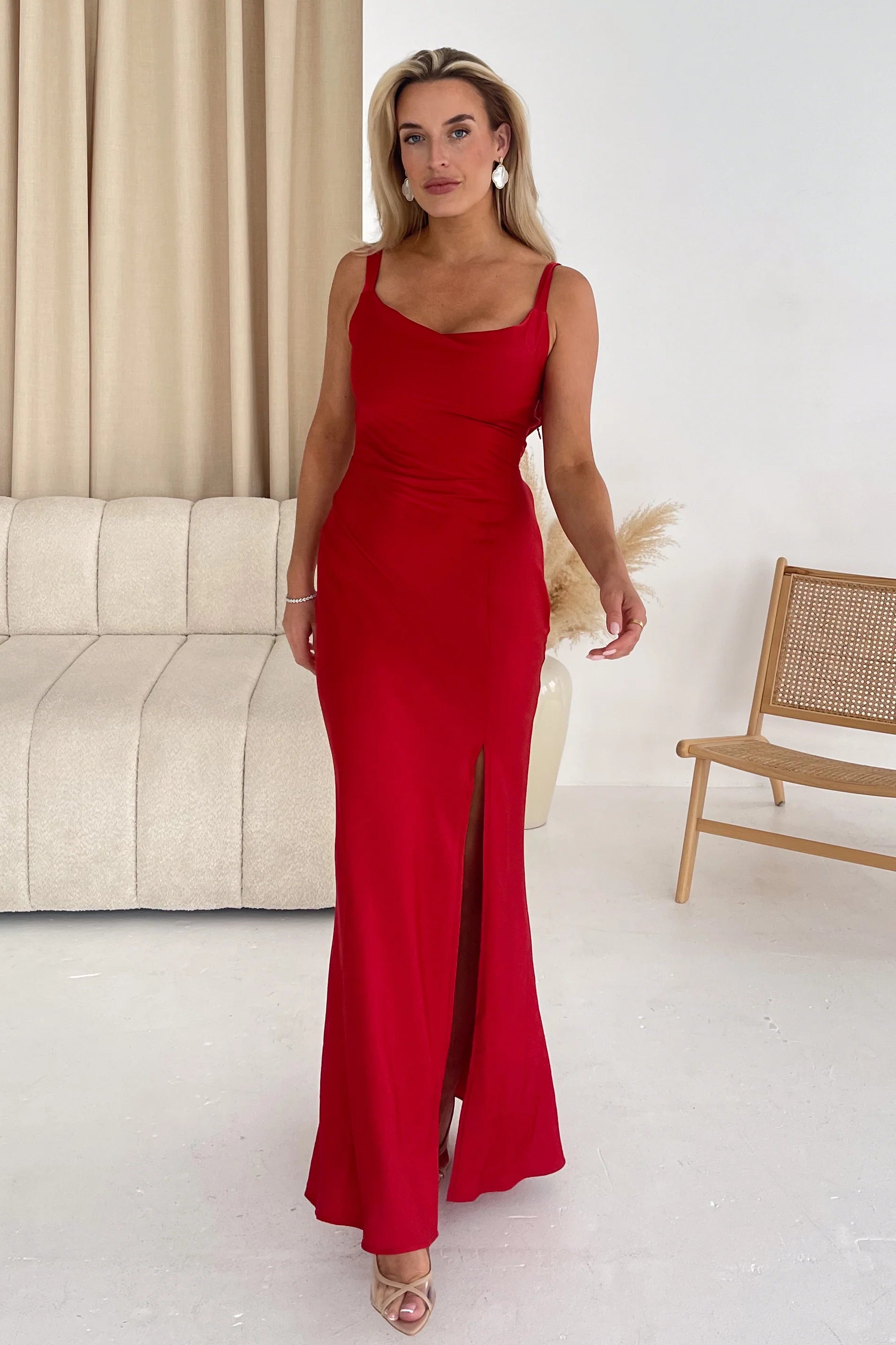 Girl In Mind Harper Cowl Neck Red Slip Maxi Dress Fashionable High-Waist Maxi Dress