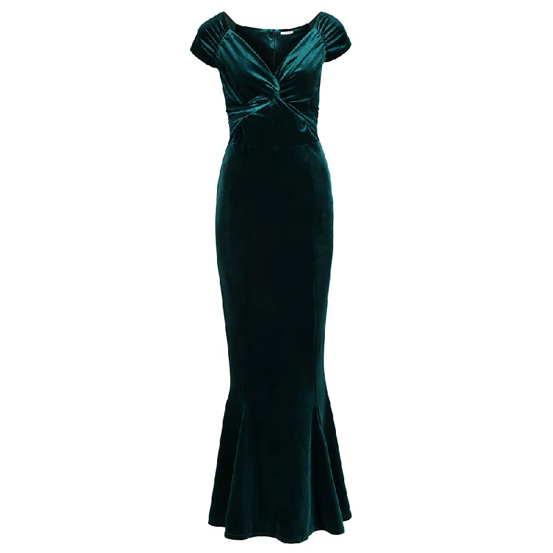 Emerald Green Cap Sleeve Twist Bust Fishtail Hem Velour Maxi Dress Fashionable Chiffon Maxi Dress