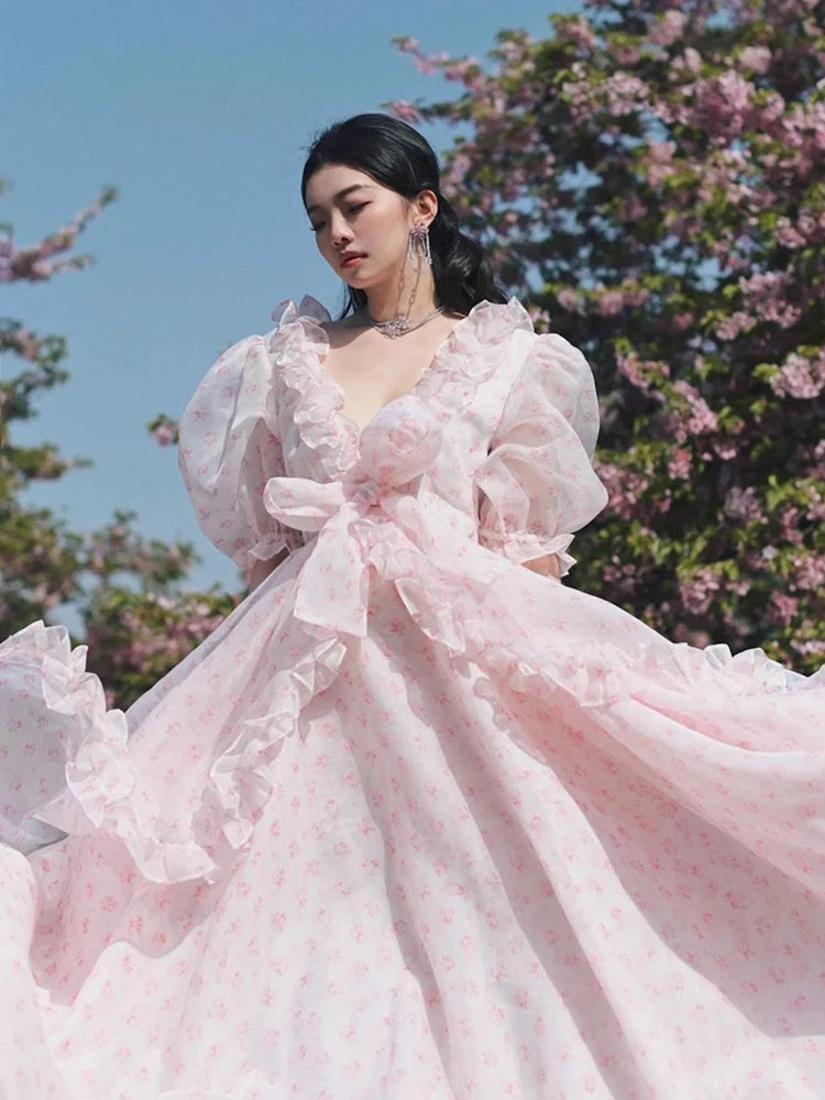 High Street Maxi Dress Gown Elegant Chic Pink Summer Women Dresses Ruffles Bow Tie Holiday Ladies Vestidos Cozy Maxi Dress with Slit