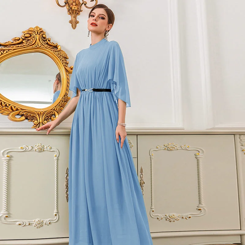 High Neck Bell Sleeve Solid Color Maxi Dress Elegant Wraparound Maxi Dress