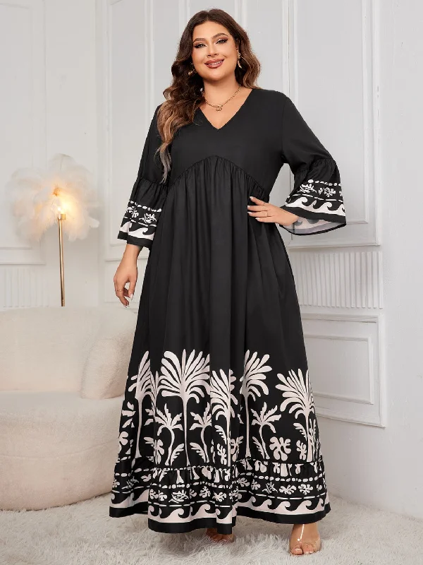 Honey Plus Size Printed V-Neck Long Sleeve Maxi Dress Classic V-Neck Maxi Dress