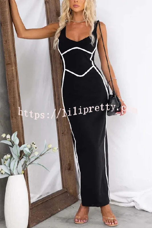 Lilipretty In The Heads Turn Line Trim Bodycon Stretch Maxi Dress Stylish Long Sleeve Maxi Dress