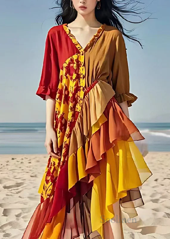 Italian Colorblock V Neck Ruffled Patchwork Chiffon Maxi Dresses Summer Cozy Knit Maxi Dress Italian Colorblock V Neck Ruffled Patchwork Chiffon Maxi Dresses Summer Cozy Knit Maxi Dress