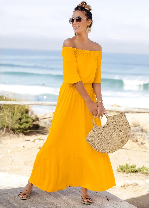 Off-The-Shoulder Maxi Dress - Yellow Fashionable Printed Maxi Dress