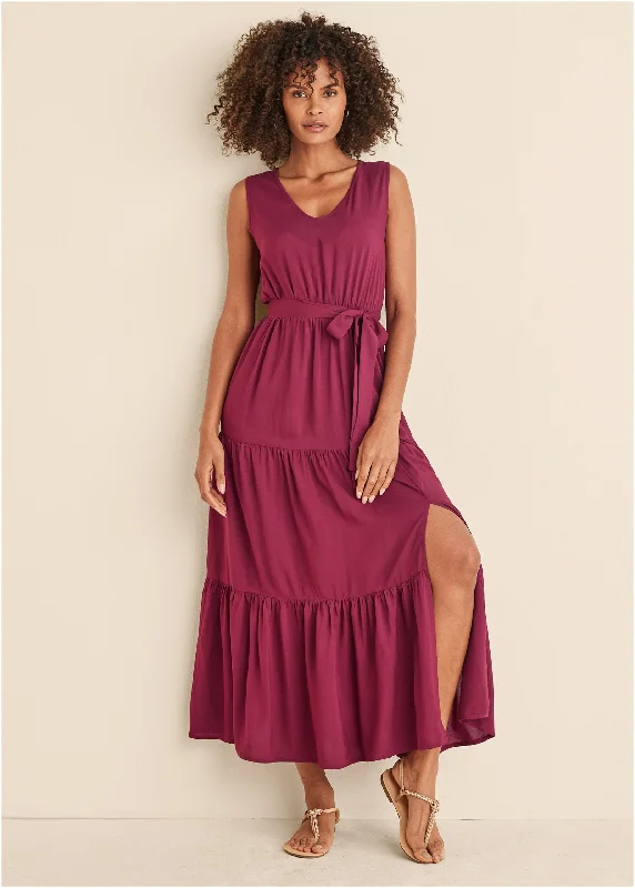 Wrap Tiered Maxi Dress - Mauve Comfortable Maxi Dress with Sleeves