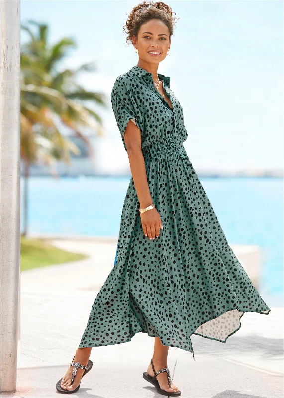 Collared Maxi Dress - Green & Black Fashionable Asymmetrical Maxi Dress