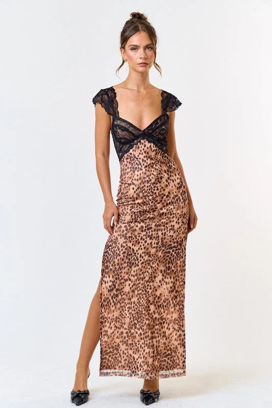 Leopard & Lace Side Slit Maxi Dress Elegant Lace Maxi Dress