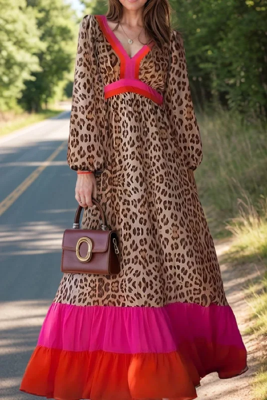 Leopard V-Neck Long Sleeve Maxi Dress Comfortable Satin Maxi Dress