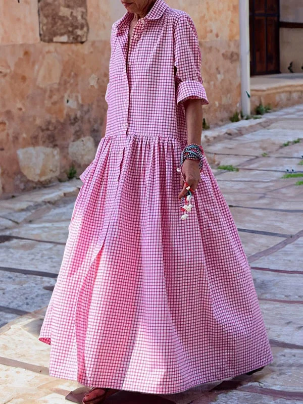 Long Sleeves Loose Buttoned Plaid Pleated Split-Joint Lapel Maxi Dresses Stylish Long Sleeve Maxi Dress