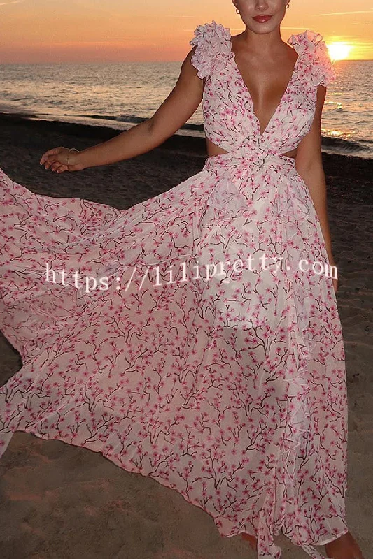 Lilipretty® Lost in The Melody Chiffon Printed Flutter Sleeve Cutout Back Lace-up Maxi Dress Comfortable Ruffle Maxi Dress